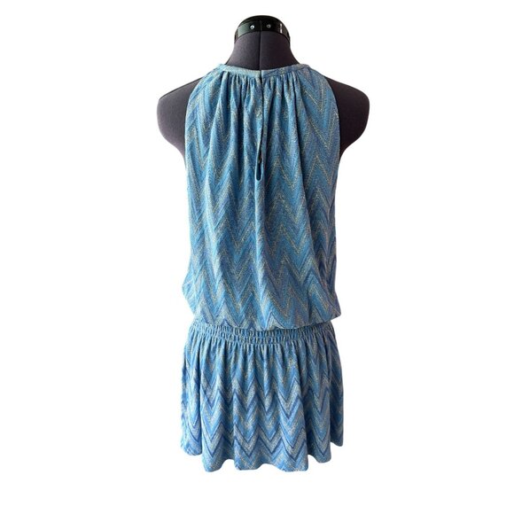 NWT Ramy Brook Blue Chevron Smocked Mini Dress Halterneck Size L - Picture 3 of 10